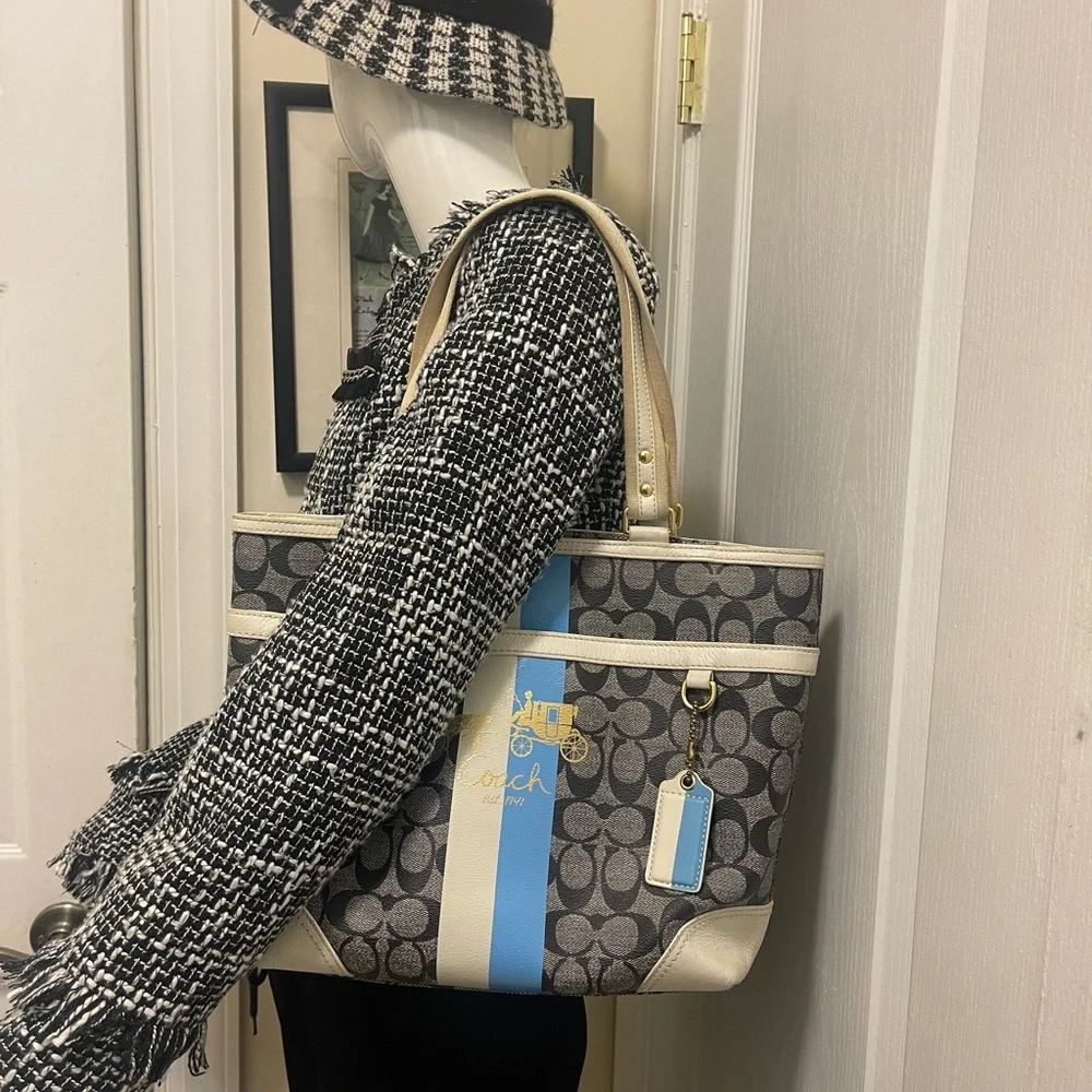 Coach bag gray and black with blue and white stripes gold logo in the front_7
